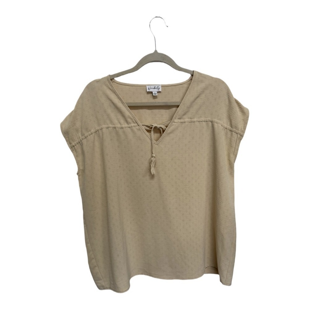 Beige Boho VNeck Tassel Blouse Size Large Concert Light Weight Minimalist